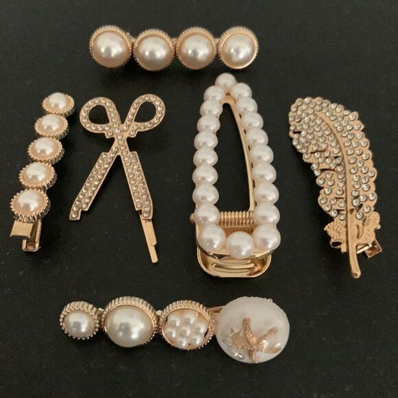 Set of 6 Pearl and Rhinestone Hair Clips Starfish Scissors Feather Design - Picture 3 of 12